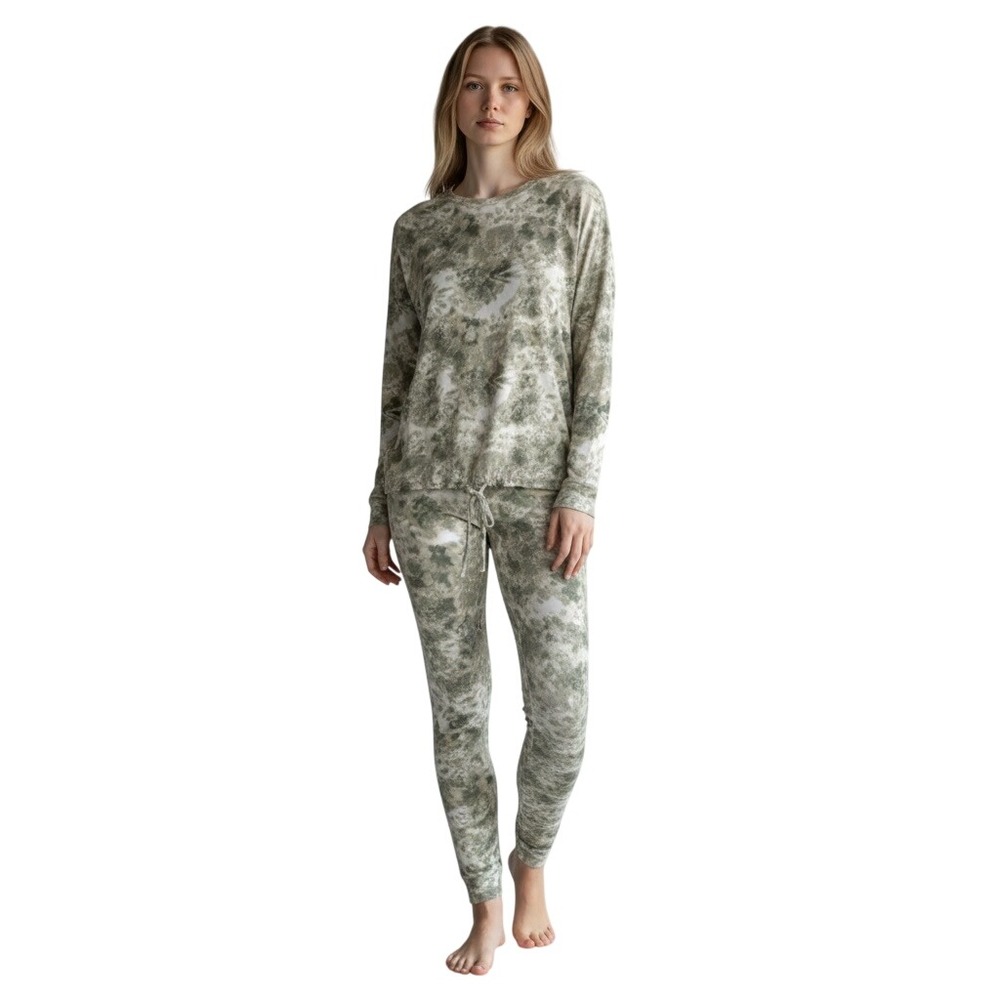 KIKIT Lounge Set Women Small Green White Tie Dye Drawstring Top Joggers 2pc Cozy